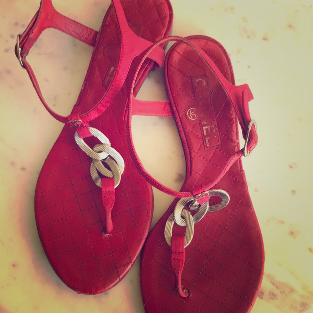 Chanel Red T strap flat sandals